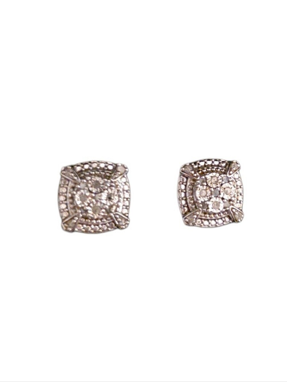 Diamond Halo Square Stud Earrings - Silver